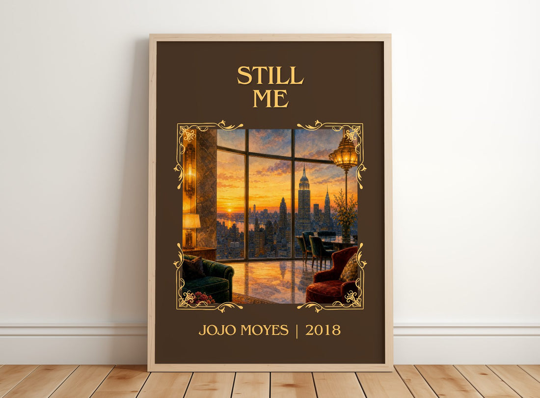 Still Me Classic Book Art Print by Jojo Moyes – framed print leaning on a wooden floor