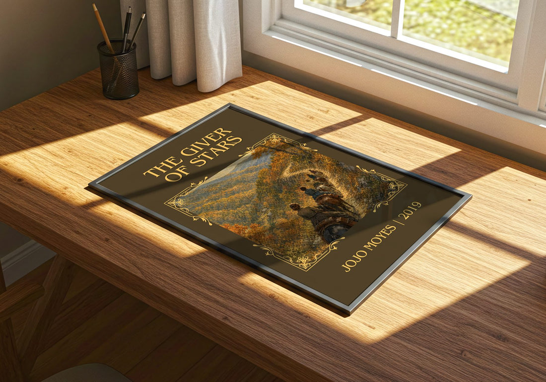 The Giver Of Stars Classic Book Art Print by Jojo Moyes – print on a sunlit desk