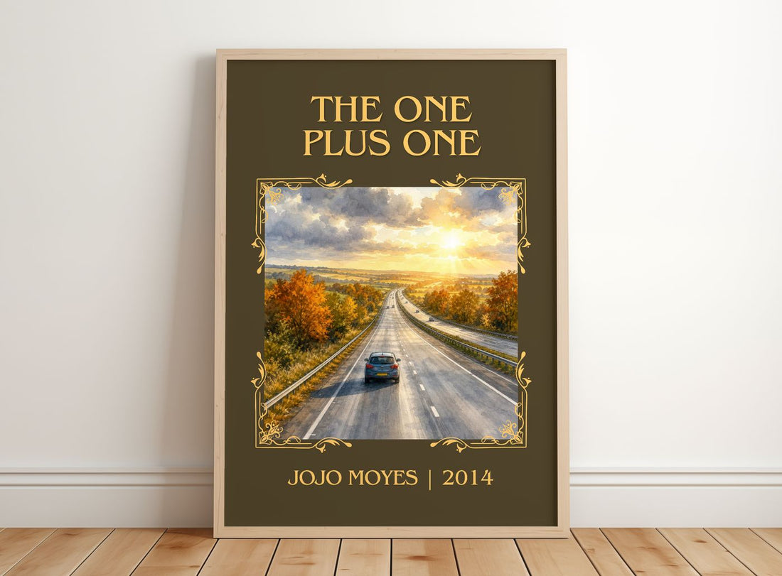 The One Plus One Classic Book Art Print by Jojo Moyes – framed print leaning on a wooden floor