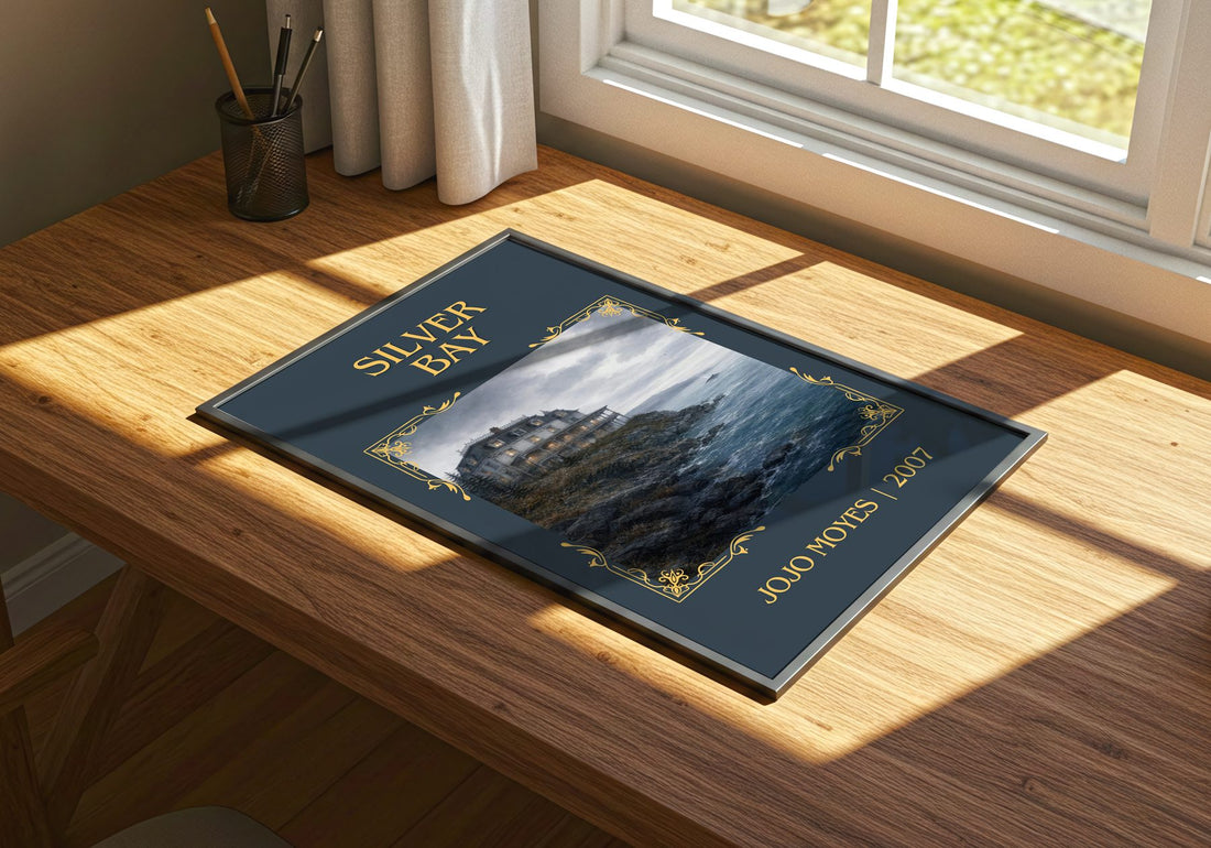 Silver Bay Classic Book Art Print by Jojo Moyes – print on a sunlit desk