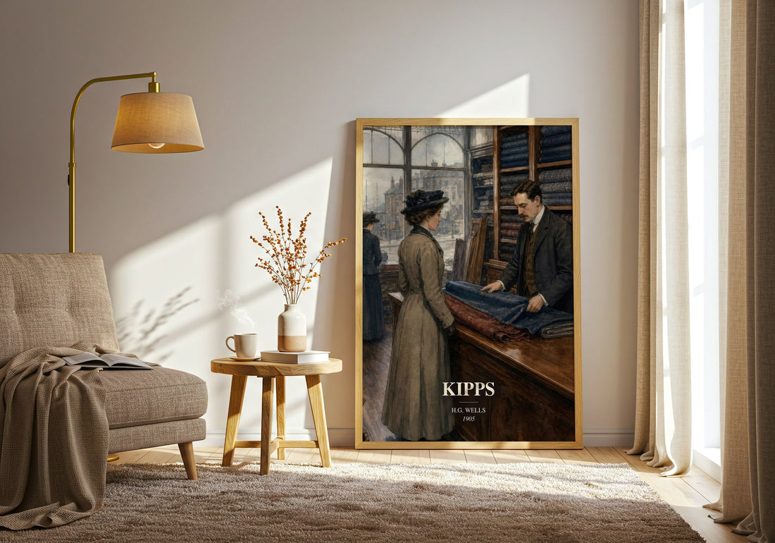Kipps watercolour print in frame leaning in hallway – coming of age wall art (mockup)