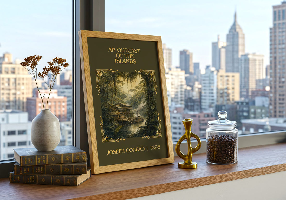 An Outcast Of The Islands Classic Book Art Print by Joseph Conrad – framed print on a city-view windowsill