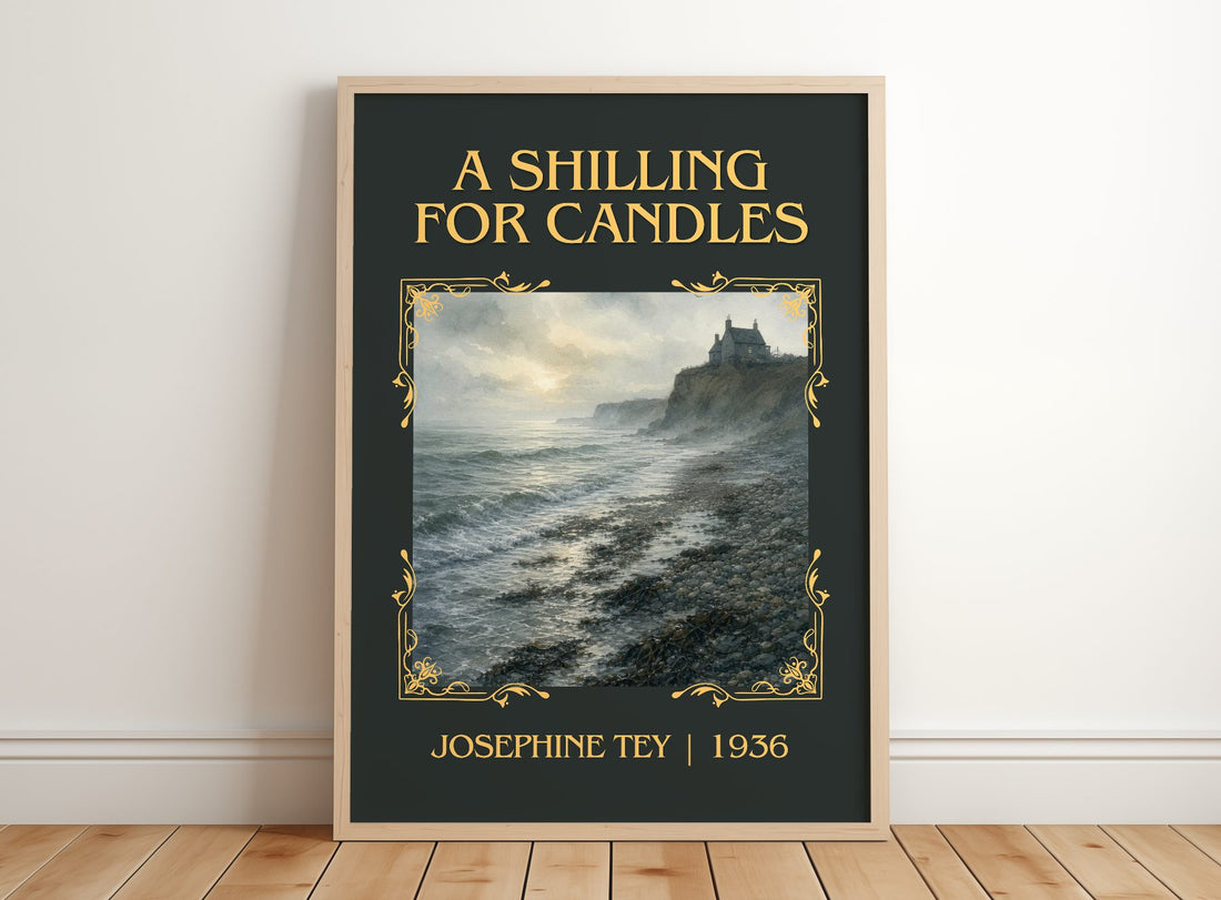 A Shilling For Candles Classic Book Art Print by Josephine Tey – framed print leaning on a wooden floor