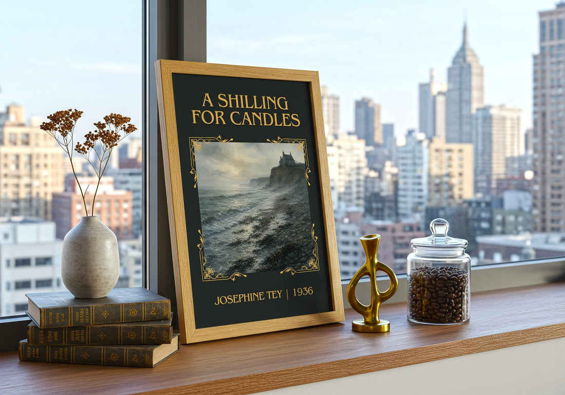 A Shilling For Candles Classic Book Art Print by Josephine Tey – framed print on a city-view windowsill