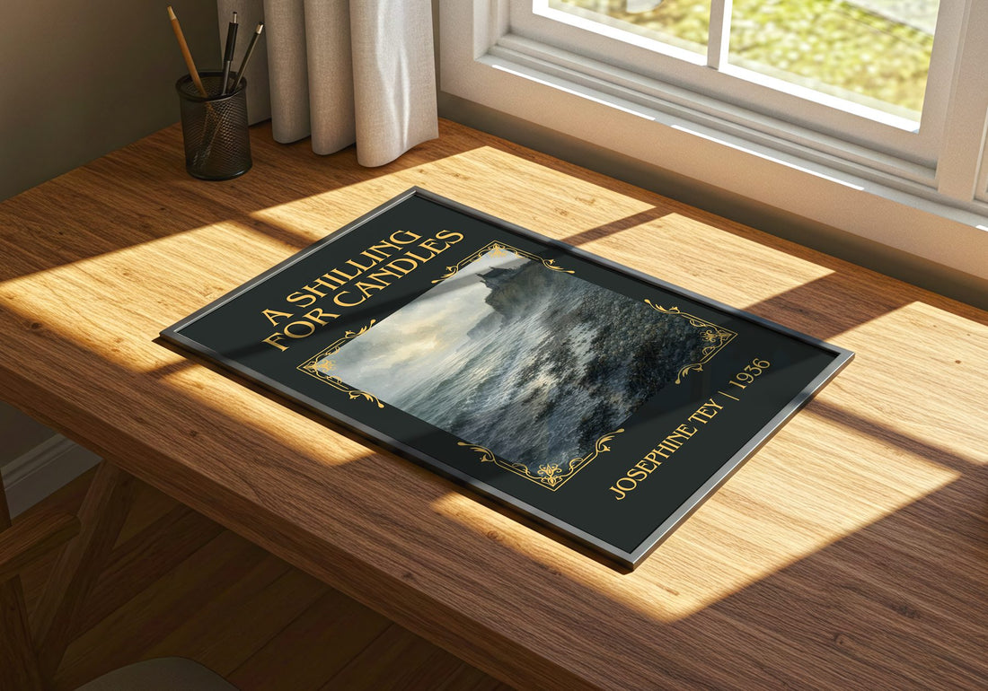 A Shilling For Candles Classic Book Art Print by Josephine Tey – print on a sunlit desk