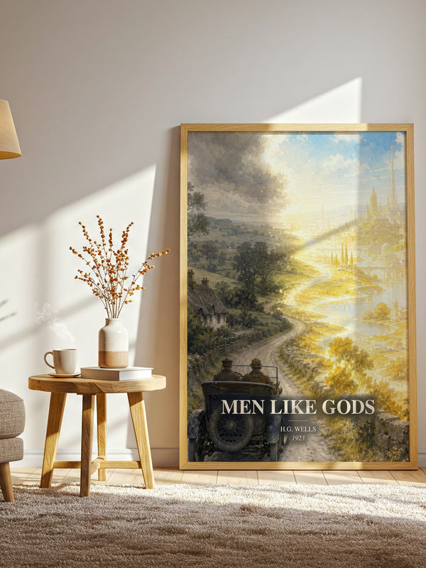 Men Like Gods watercolour print in frame leaning in hallway – sci fi wall art