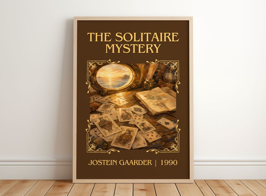 The Solitaire Mystery Classic Book Art Print by Jostein Gaarder – framed print leaning on a wooden floor