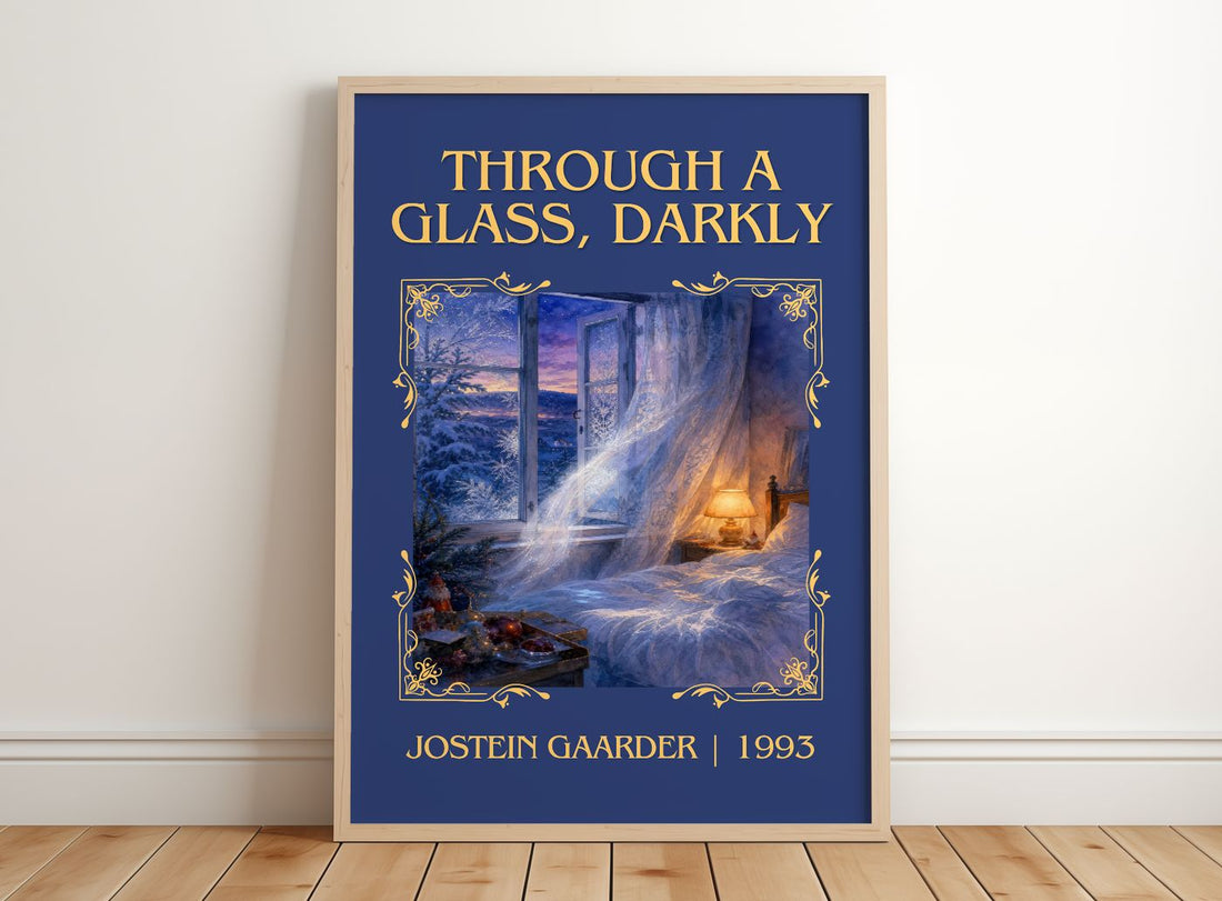 Through A Glass, Darkly Classic Book Art Print by Jostein Gaarder – framed print leaning on a wooden floor