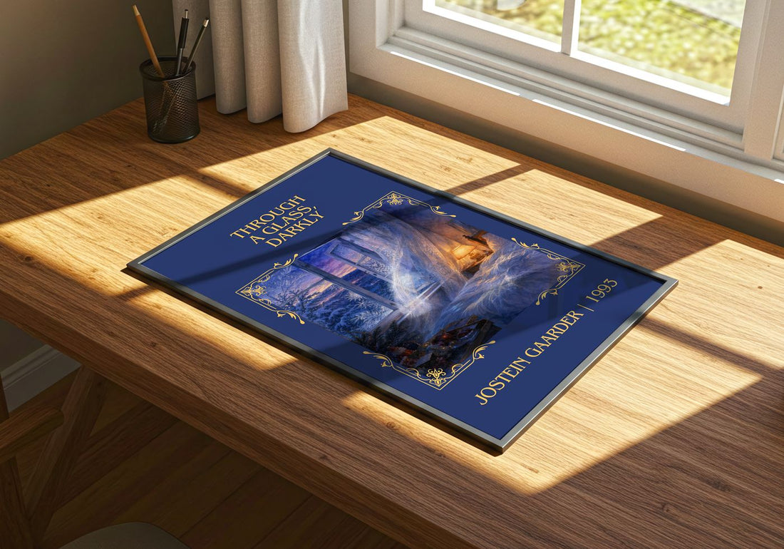 Through A Glass, Darkly Classic Book Art Print by Jostein Gaarder – print on a sunlit desk