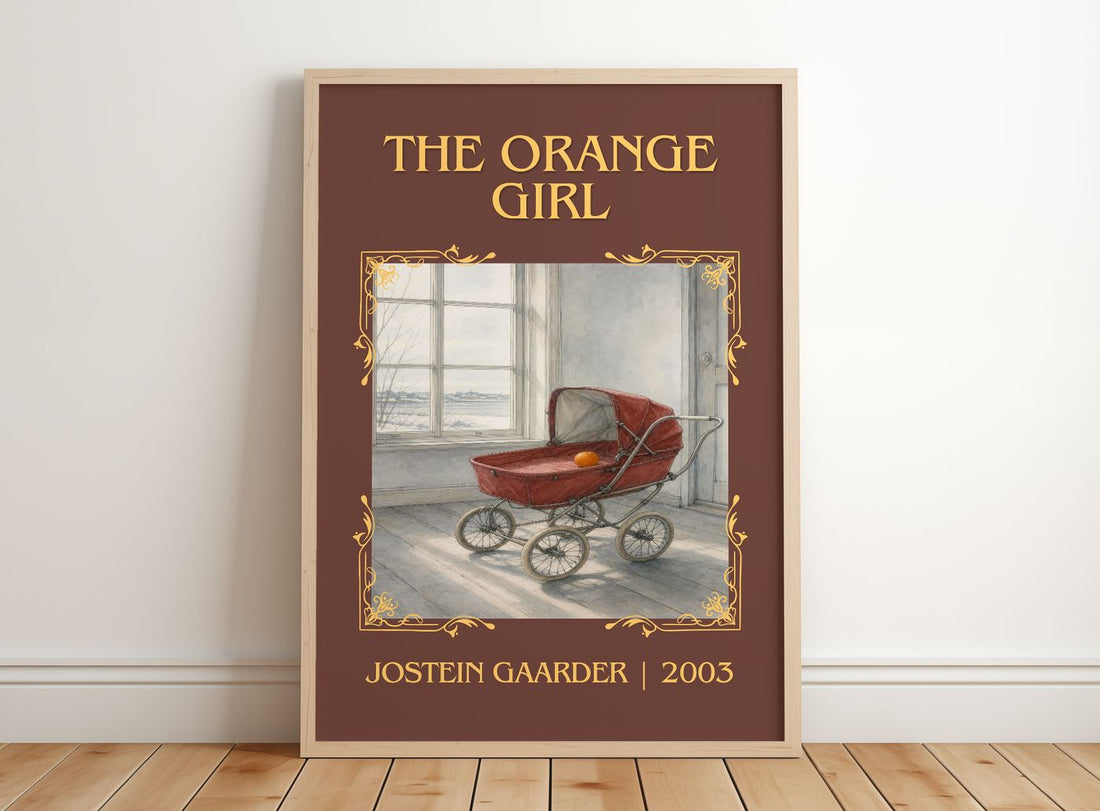 The Orange Girl Classic Book Art Print by Jostein Gaarder – framed print leaning on a wooden floor