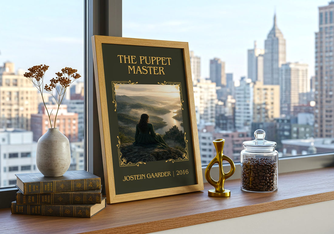 The Puppet Master Classic Book Art Print by Jostein Gaarder – framed print on a city-view windowsill