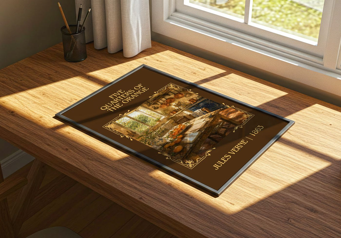 Five Quarters Of The Orange Classic Book Art Print by Jules Verne – print on a sunlit desk