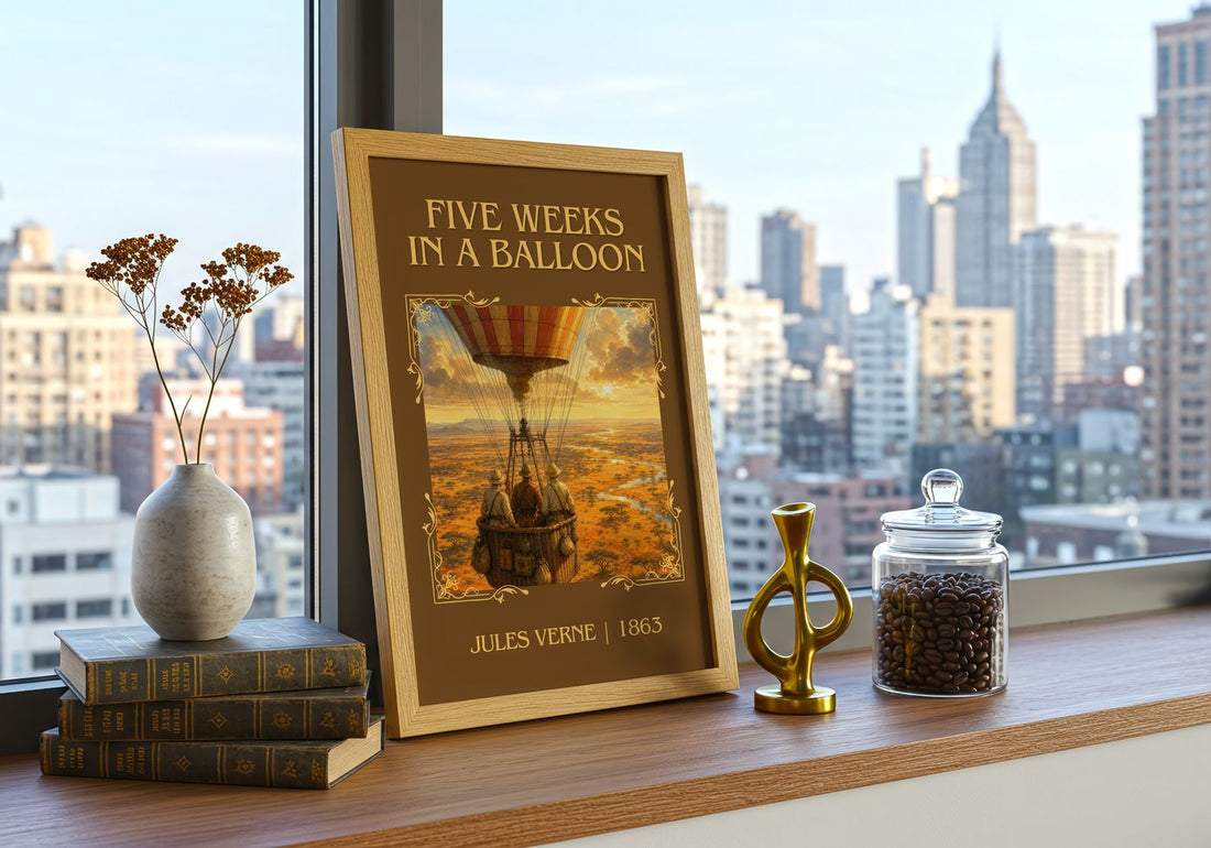 Five Weeks In A Balloon Classic Book Art Print by Jules Verne – framed print on a city-view windowsill