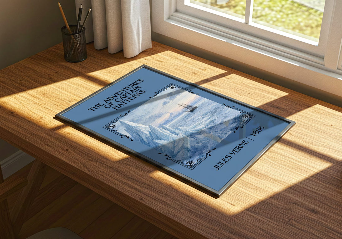Adventures Of Captain Hatteras Classic Book Art Print by Jules Verne – print on a sunlit desk