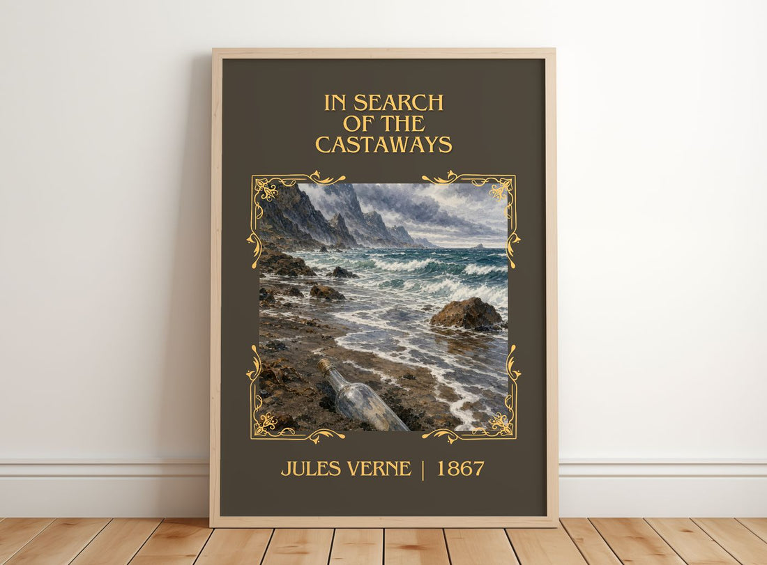 In Search Of The Castaways Classic Book Art Print by Jules Verne – framed print leaning on a wooden floor