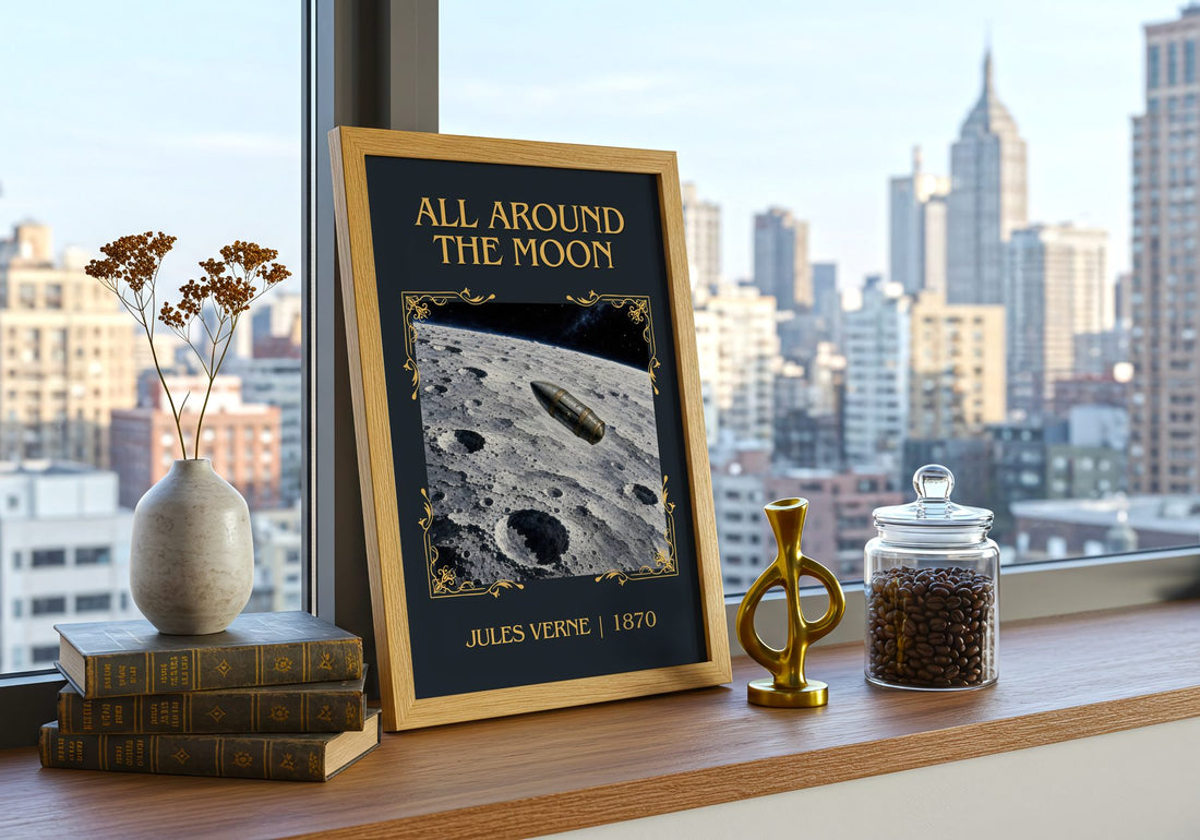 All Around The Moon Classic Book Art Print by Jules Verne – framed print on a city-view windowsill
