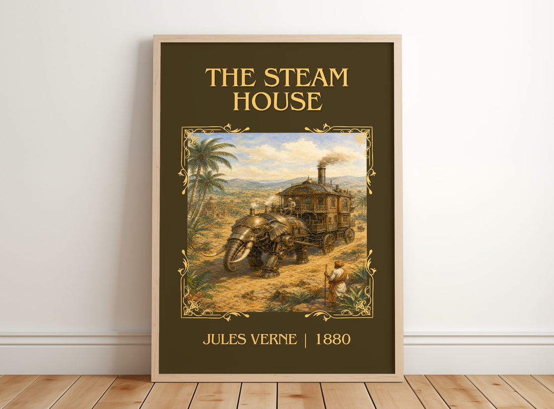 The Steam House Classic Book Art Print by Jules Verne – framed print leaning on a wooden floor