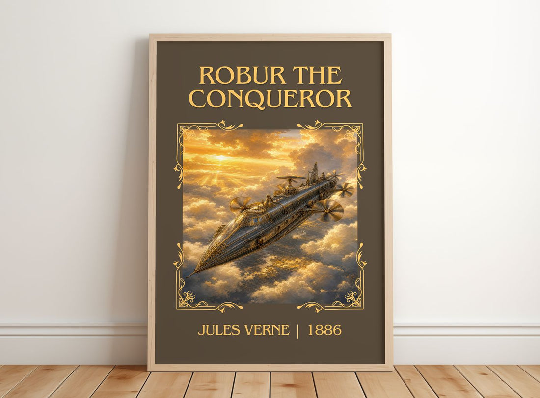 Robur The Conqueror Classic Book Art Print by Jules Verne – framed print leaning on a wooden floor