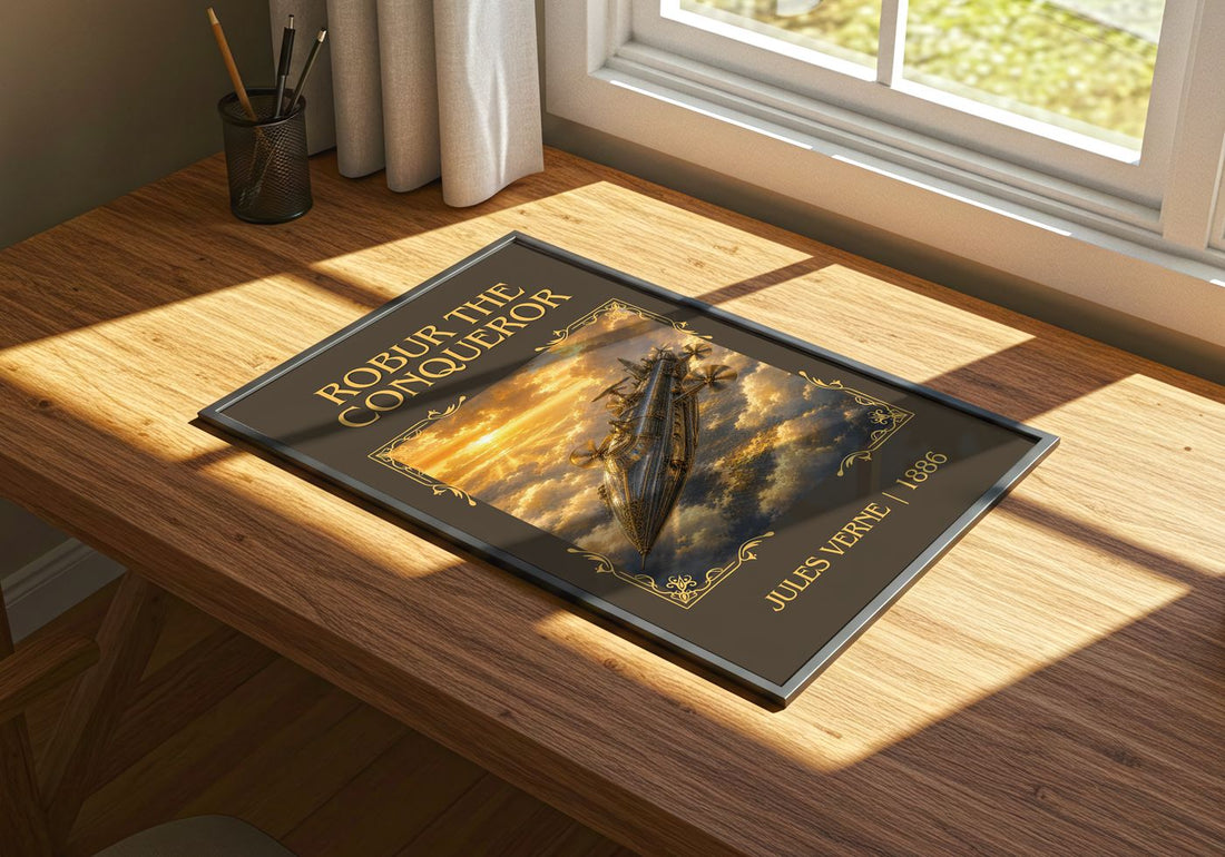 Robur The Conqueror Classic Book Art Print by Jules Verne – print on a sunlit desk