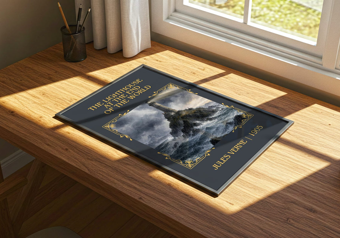 Lighthouse At The End Of The World Classic Book Art Print by J. Verne – print on a sunlit desk