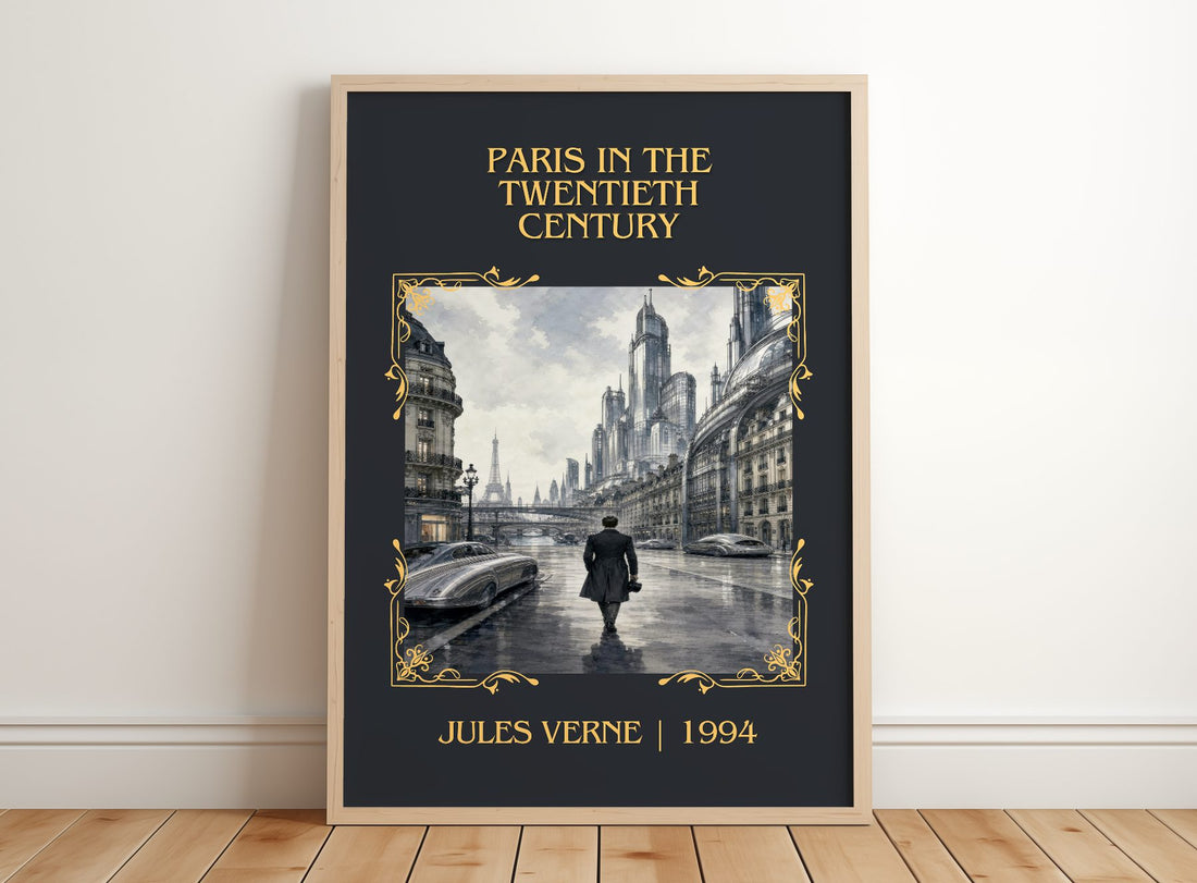 Paris In The Twentieth Century Classic Book Art Print by Jules Verne – framed print leaning on a wooden floor