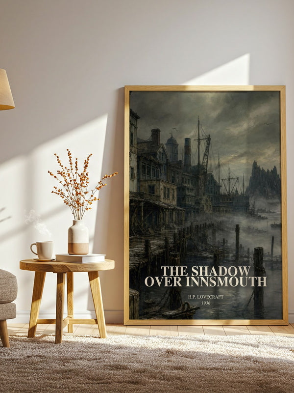The Shadow Over Innsmouth watercolour print in frame leaning in hallway – horror wall art