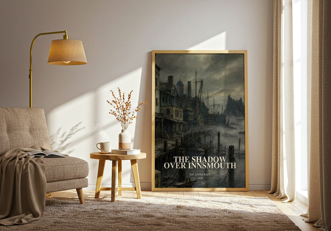 The Shadow Over Innsmouth watercolour print in frame leaning in hallway – horror wall art (mockup)