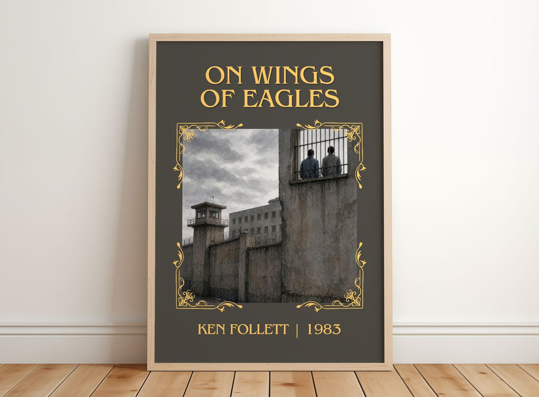 On Wings Of Eagles Classic Book Art Print by Ken Follett – framed print leaning on a wooden floor