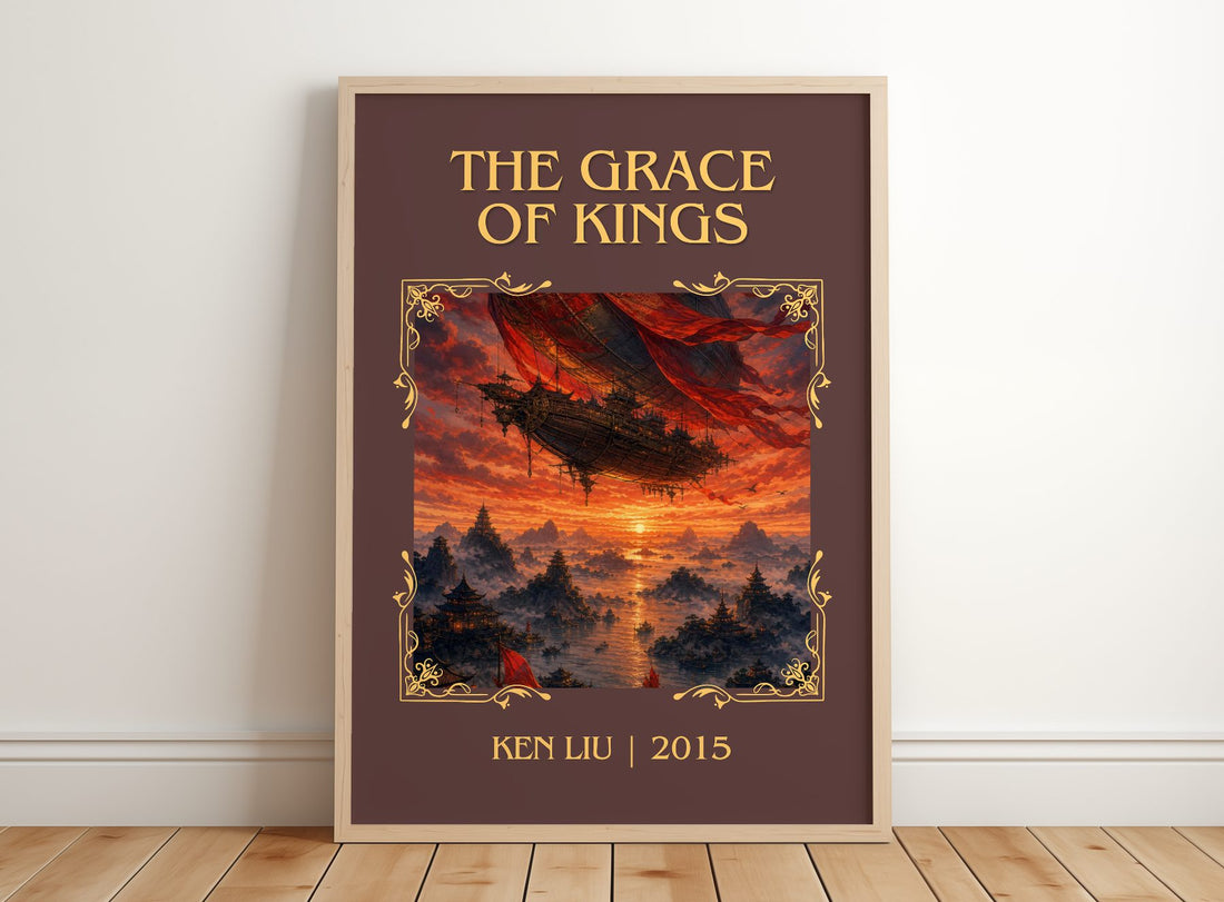 The Grace Of Kings Classic Book Art Print by Ken Liu – framed print leaning on a wooden floor
