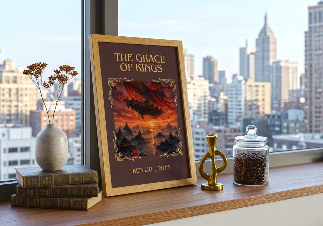 The Grace Of Kings Classic Book Art Print by Ken Liu – framed print on a city-view windowsill