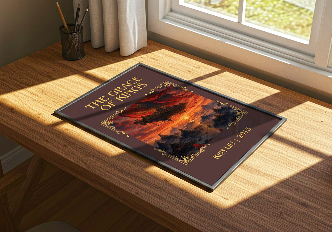 The Grace Of Kings Classic Book Art Print by Ken Liu – print on a sunlit desk