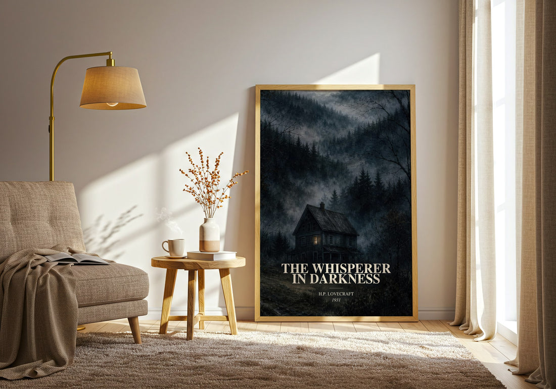 The Whisperer In Darkness watercolour print in frame leaning in hallway – horror wall art (mockup)