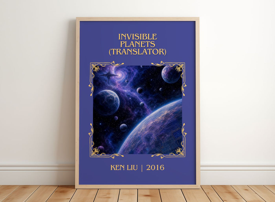 Invisible Planets (Translator) Classic Book Art Print by Ken Liu – framed print leaning on a wooden floor