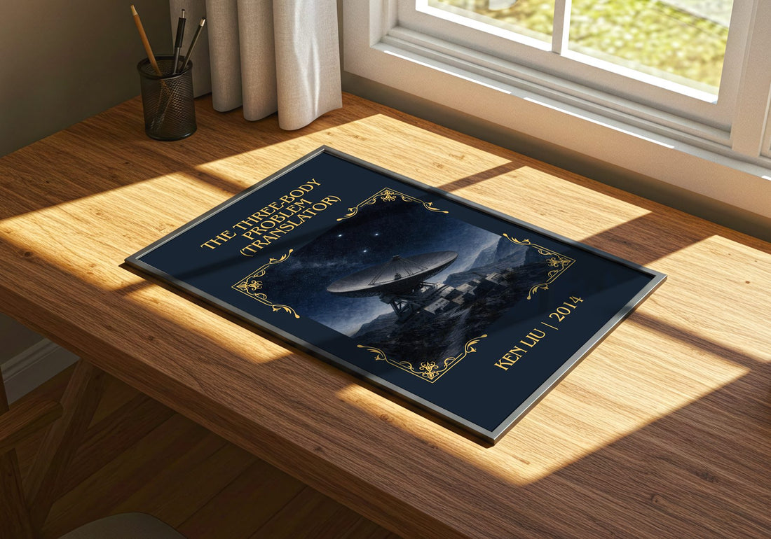 The Three-Body Problem (Translator) Classic Book Art Print by Ken Liu – print on a sunlit desk