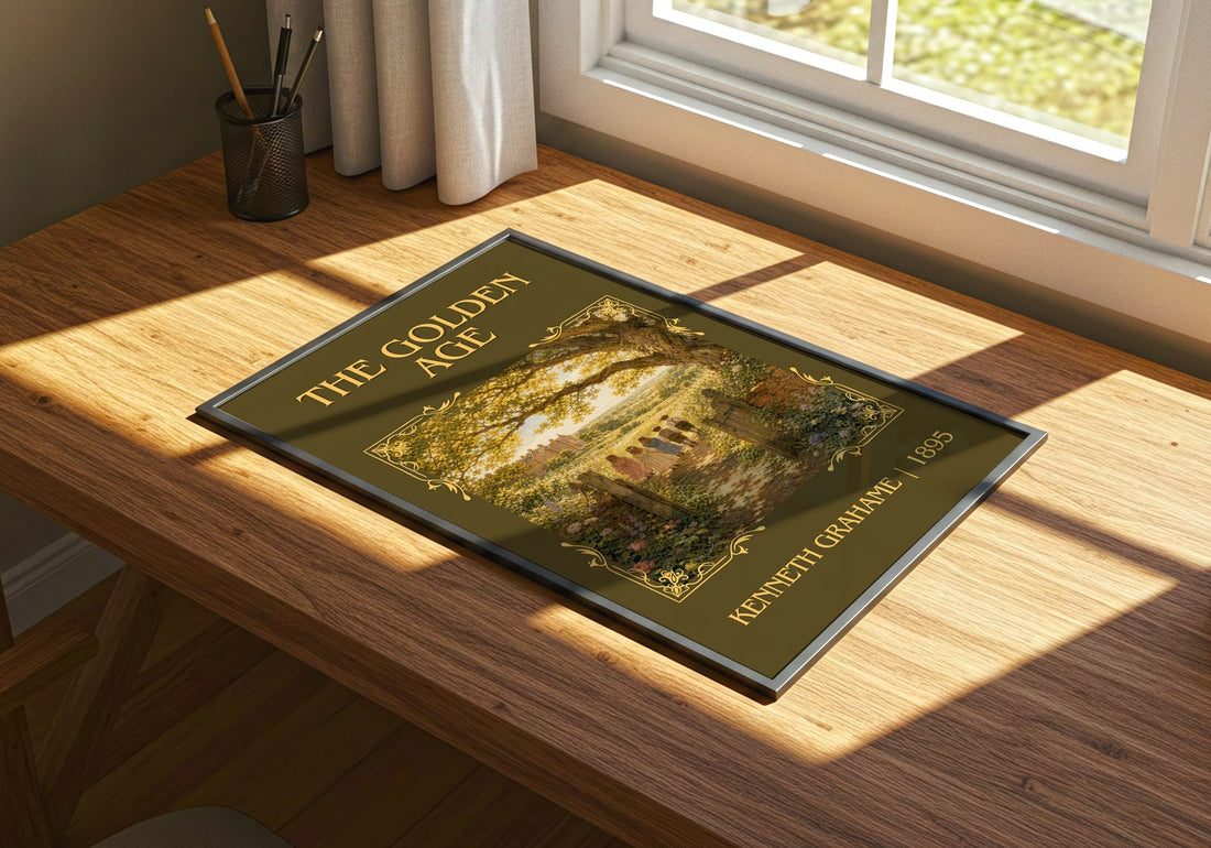 The Golden Age Classic Book Art Print by Kenneth Grahame – print on a sunlit desk