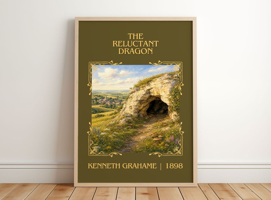 The Reluctant Dragon Classic Book Art Print by Kenneth Grahame – framed print leaning on a wooden floor