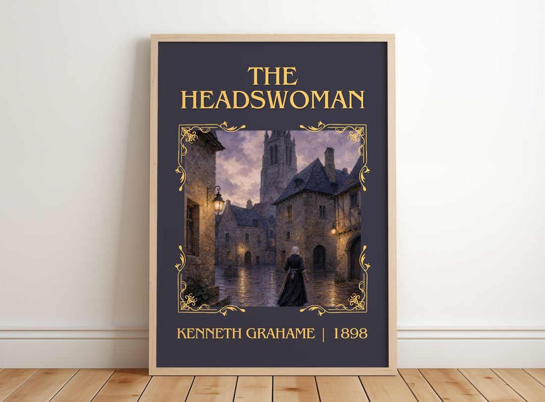 The Headswoman Classic Book Art Print by Kenneth Grahame – framed print leaning on a wooden floor