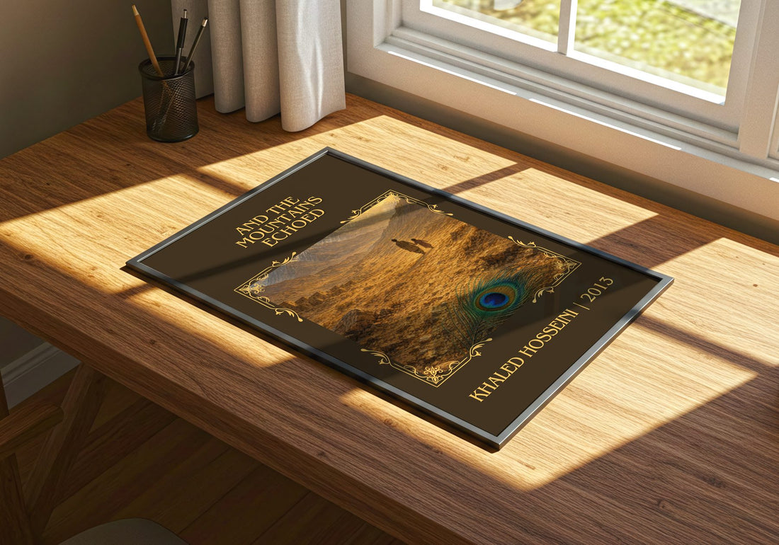 And The Mountains Echoed Classic Book Art Print by Khaled Hosseini – print on a sunlit desk