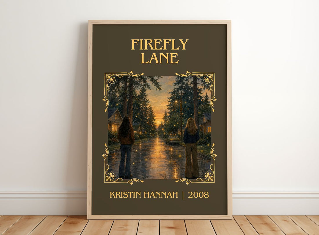 Firefly Lane Classic Book Art Print by Kristin Hannah – framed print leaning on a wooden floor