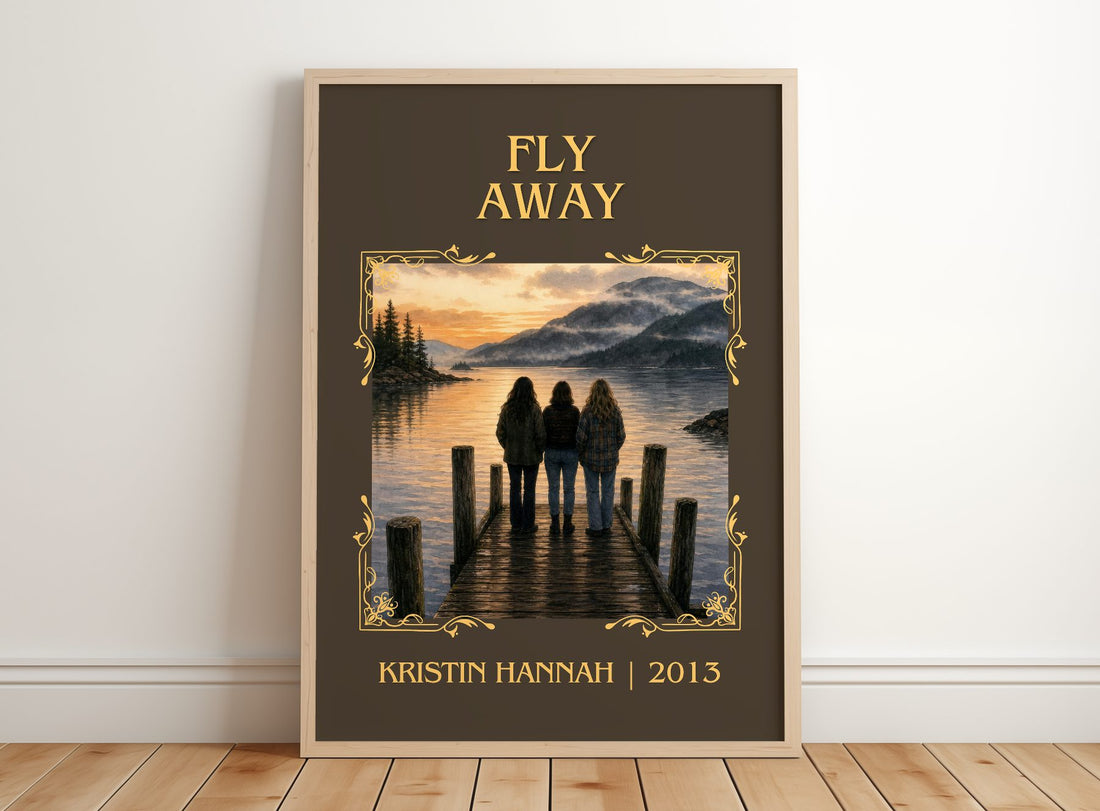 Fly Away Classic Book Art Print by Kristin Hannah – framed print leaning on a wooden floor