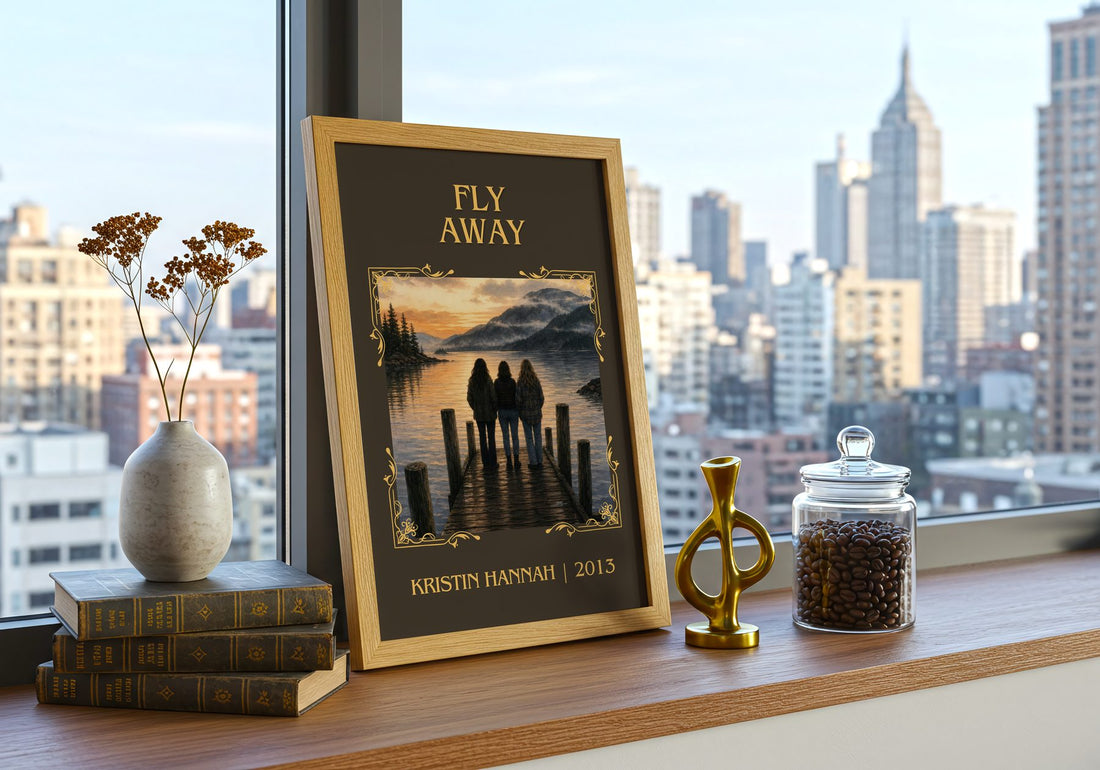 Fly Away Classic Book Art Print by Kristin Hannah – framed print on a city-view windowsill