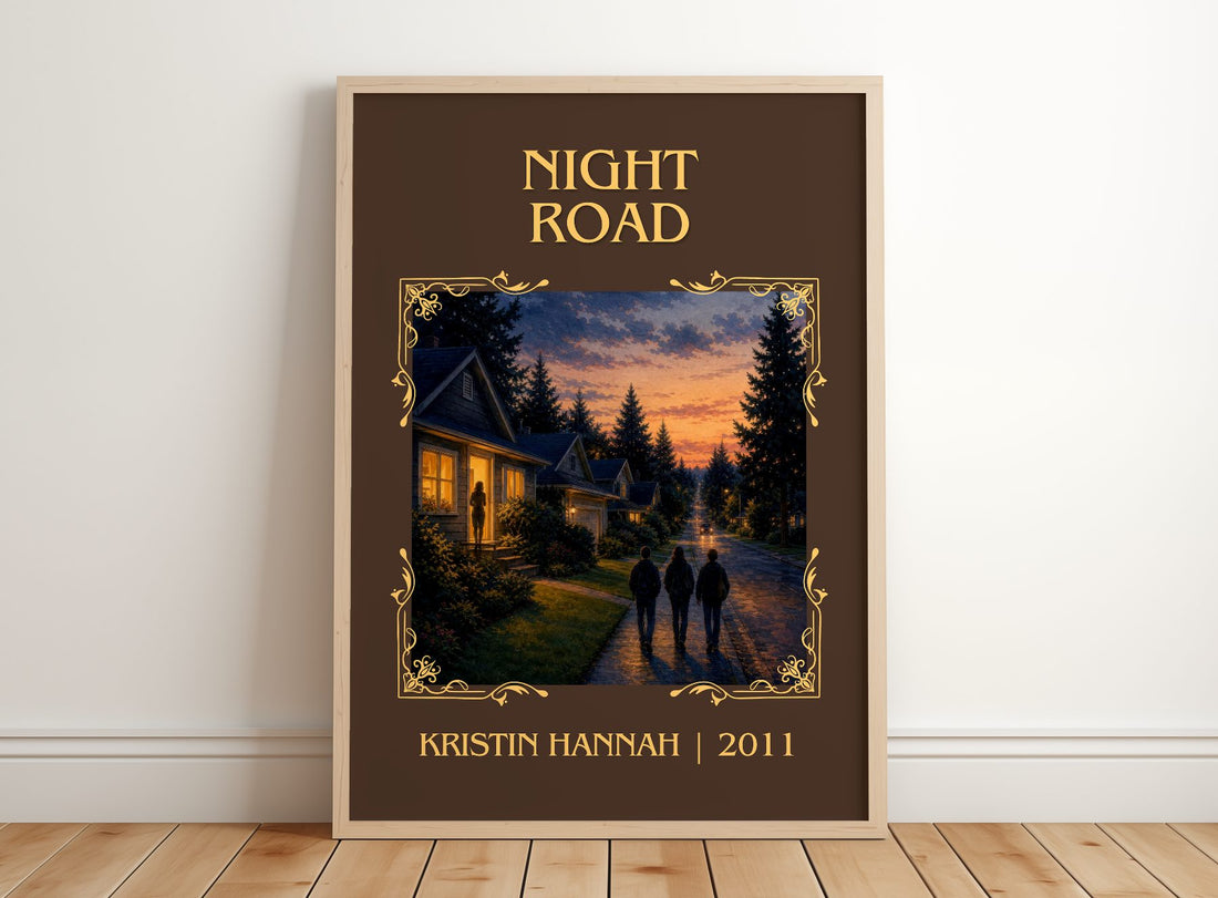 Night Road Classic Book Art Print by Kristin Hannah – framed print leaning on a wooden floor