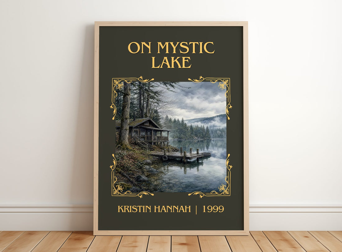 On Mystic Lake Classic Book Art Print by Kristin Hannah – framed print leaning on a wooden floor