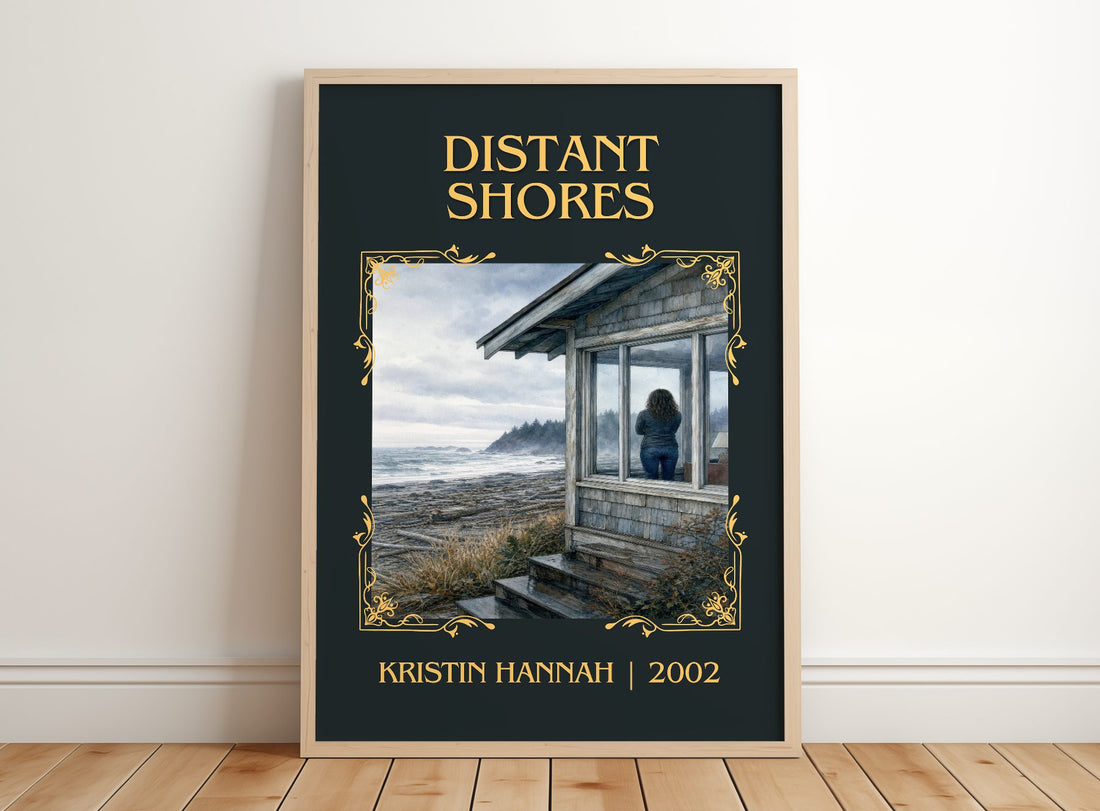 Distant Shores Classic Book Art Print by Kristin Hannah – framed print leaning on a wooden floor