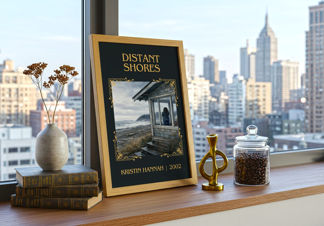 Distant Shores Classic Book Art Print by Kristin Hannah – framed print on a city-view windowsill
