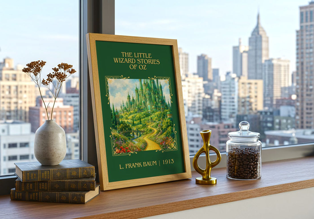 Little Wizard Stories Of Oz Classic Book Art Print by L. Frank Baum – framed print on a city-view windowsill