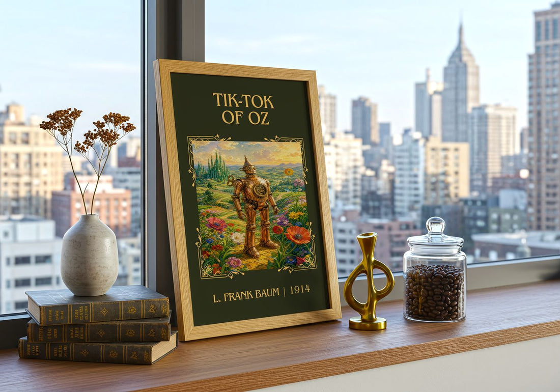 Tik-Tok Of Oz Classic Book Art Print by L. Frank Baum – framed print on a city-view windowsill
