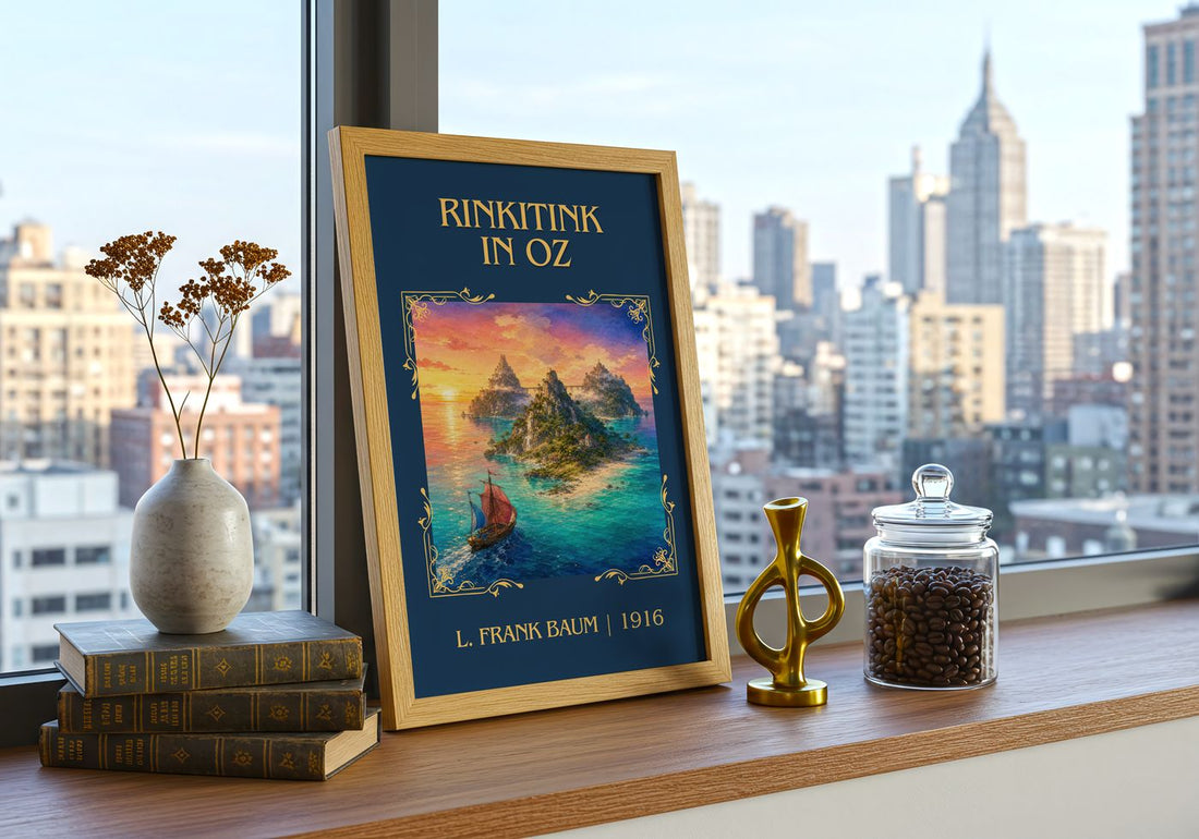 Rinkitink In Oz Classic Book Art Print by L. Frank Baum – framed print on a city-view windowsill
