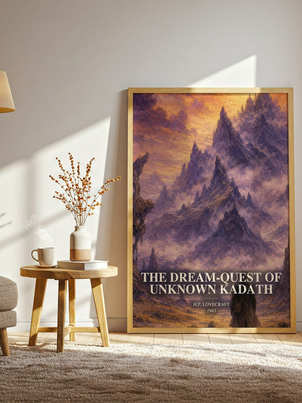 The Dream-Quest Of Unknown Kadath watercolour print in frame leaning in hallway – horror wall art