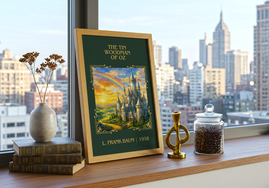The Tin Woodman Of Oz Classic Book Art Print by L. Frank Baum – framed print on a city-view windowsill